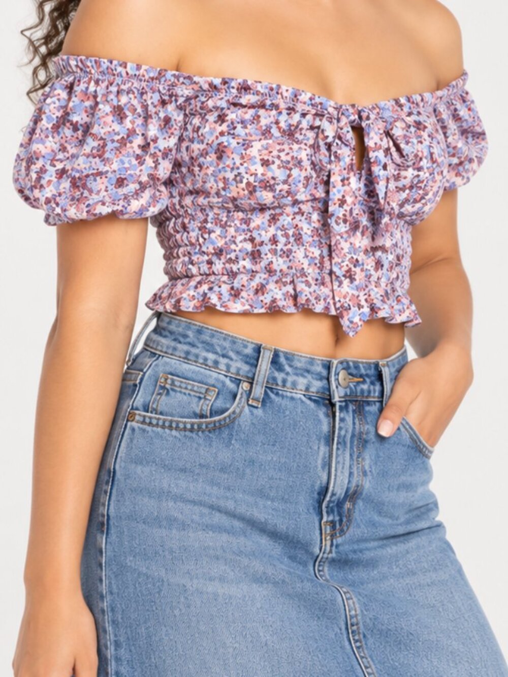 Wild Fable Floral Smocked Crop Top Women's Large Puff Sleeve